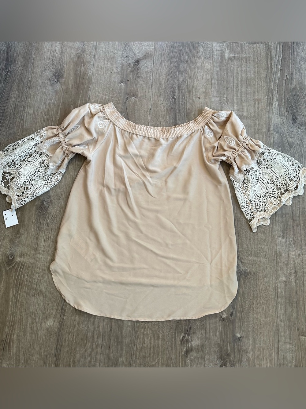 Cream Off-Shoulder Blouse with Crochet Bell Sleeves